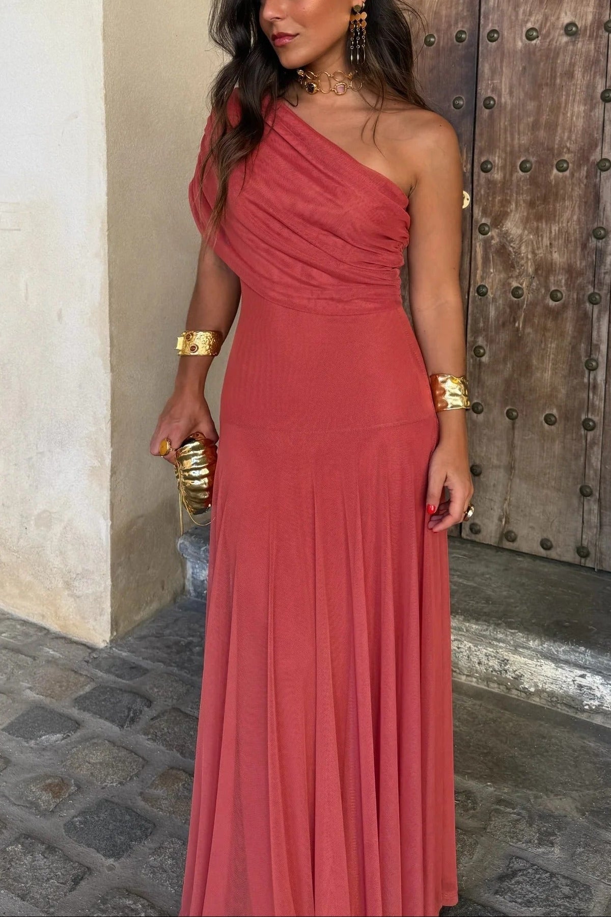 Bianca | One Shoulder Mesh Maxi Dress Draped Elegant