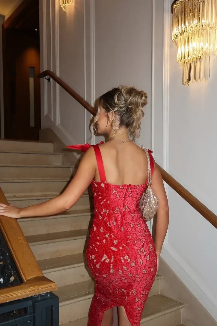 Willow | Red Lace Bow Strap Sleeveless Maxi Party Dress