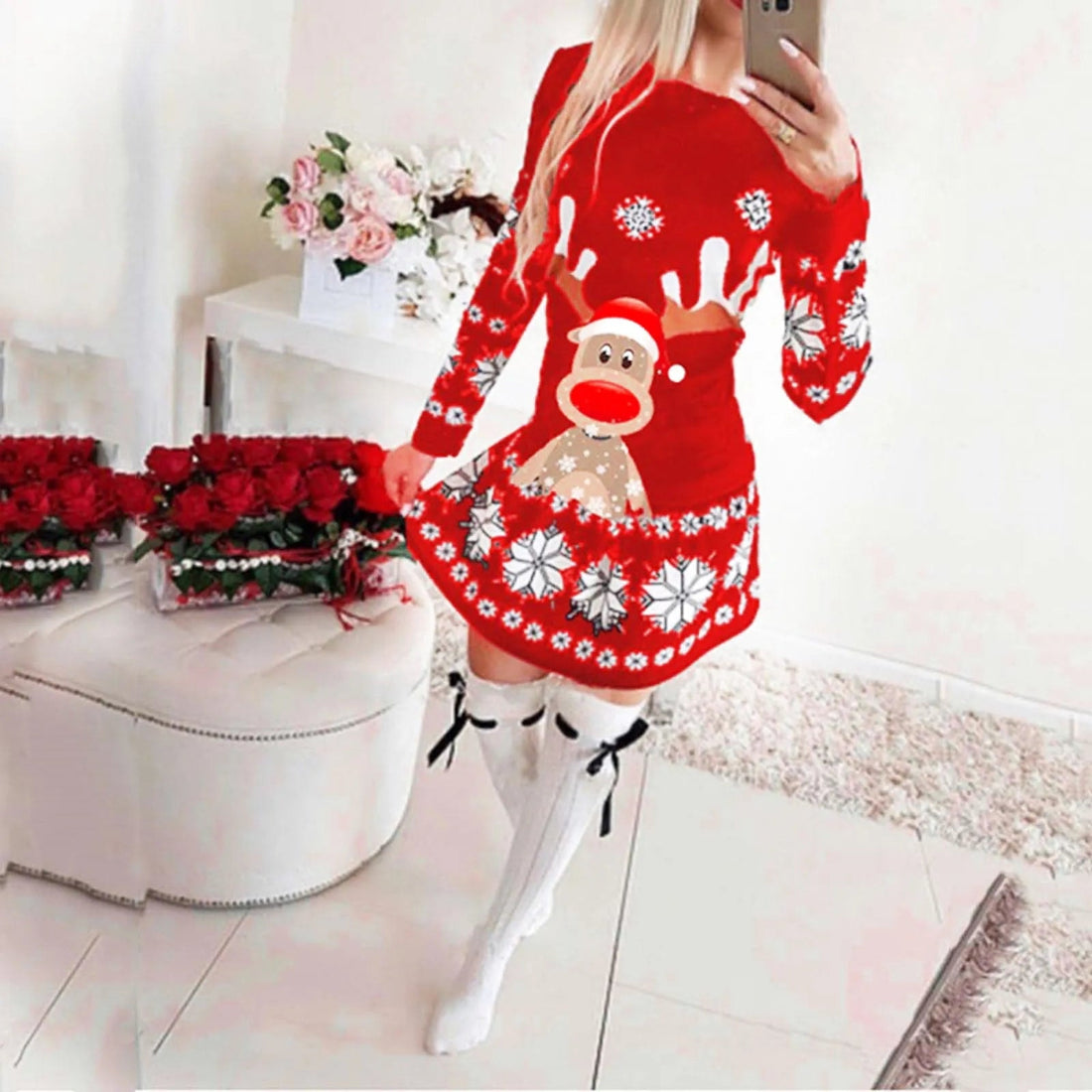 Phoebe | Reindeer Print Long Sleeve Christmas Sweater Mini Dress for Party