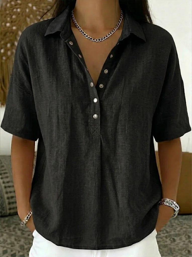 Phoebe | Oversized Button Up Shirt Short Sleeve Collared Blouse