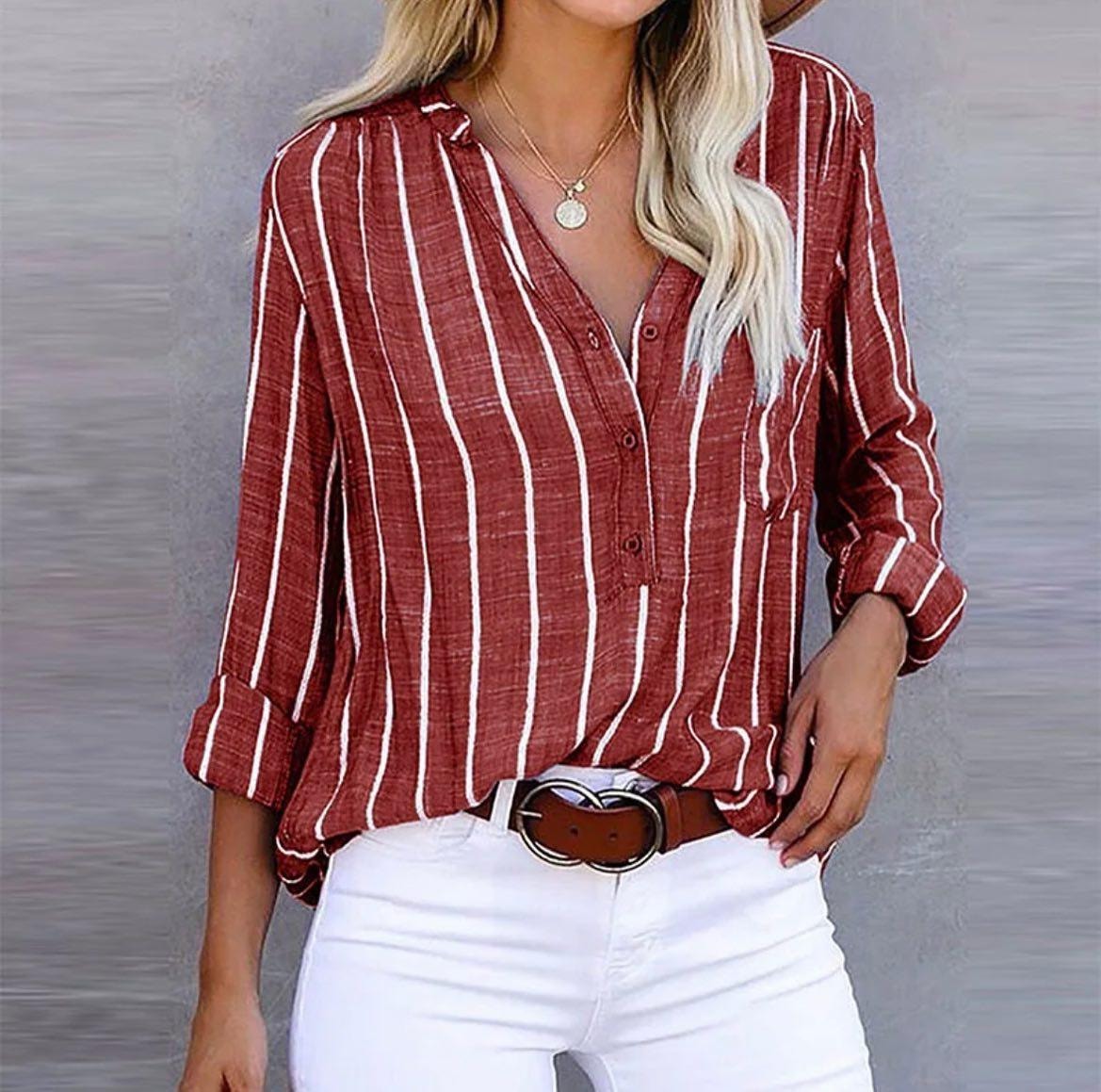 Freya | Striped Long Sleeve Button Up Shirt Blouse