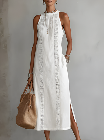 Anabelle | Lace Panel Halter Neck Midi Dress Sleeveless Boho Side Slit
