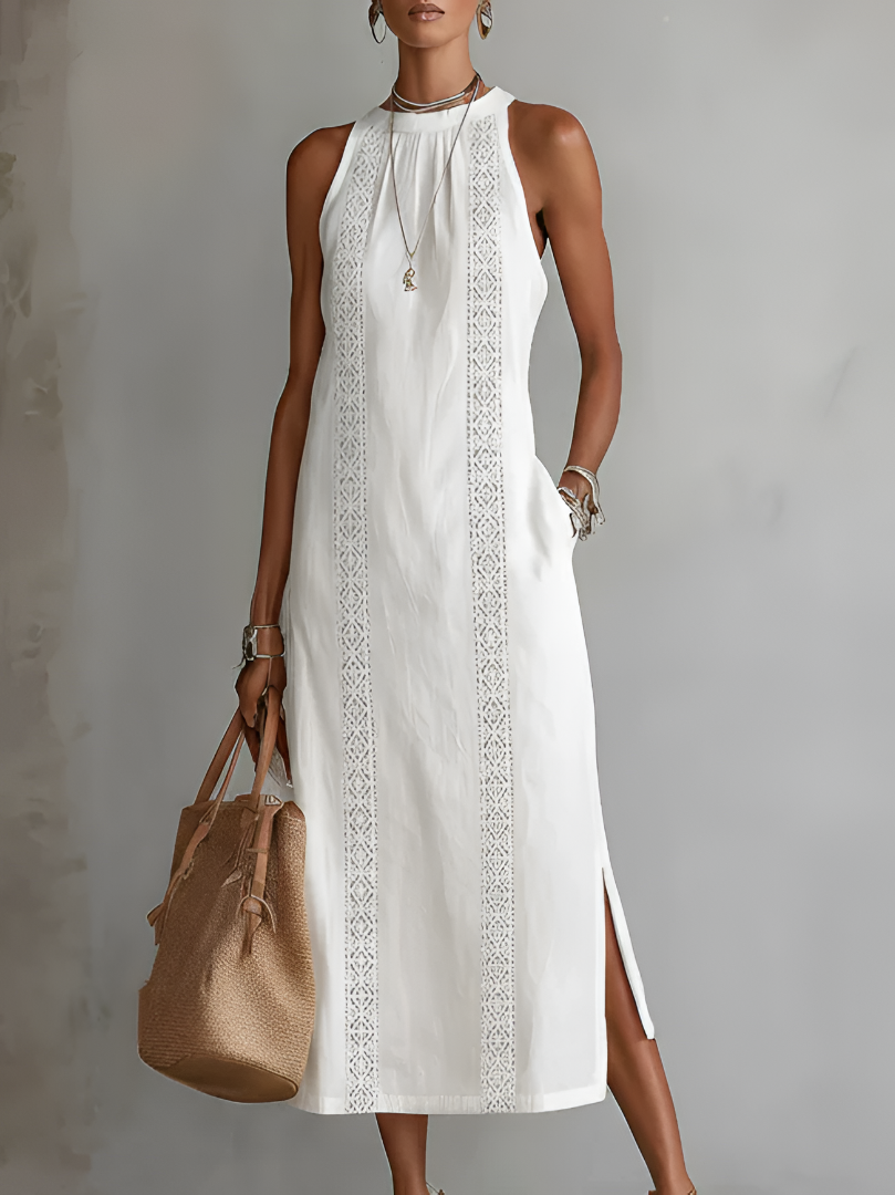 Anabelle | Lace Panel Halter Neck Midi Dress Sleeveless Boho Side Slit