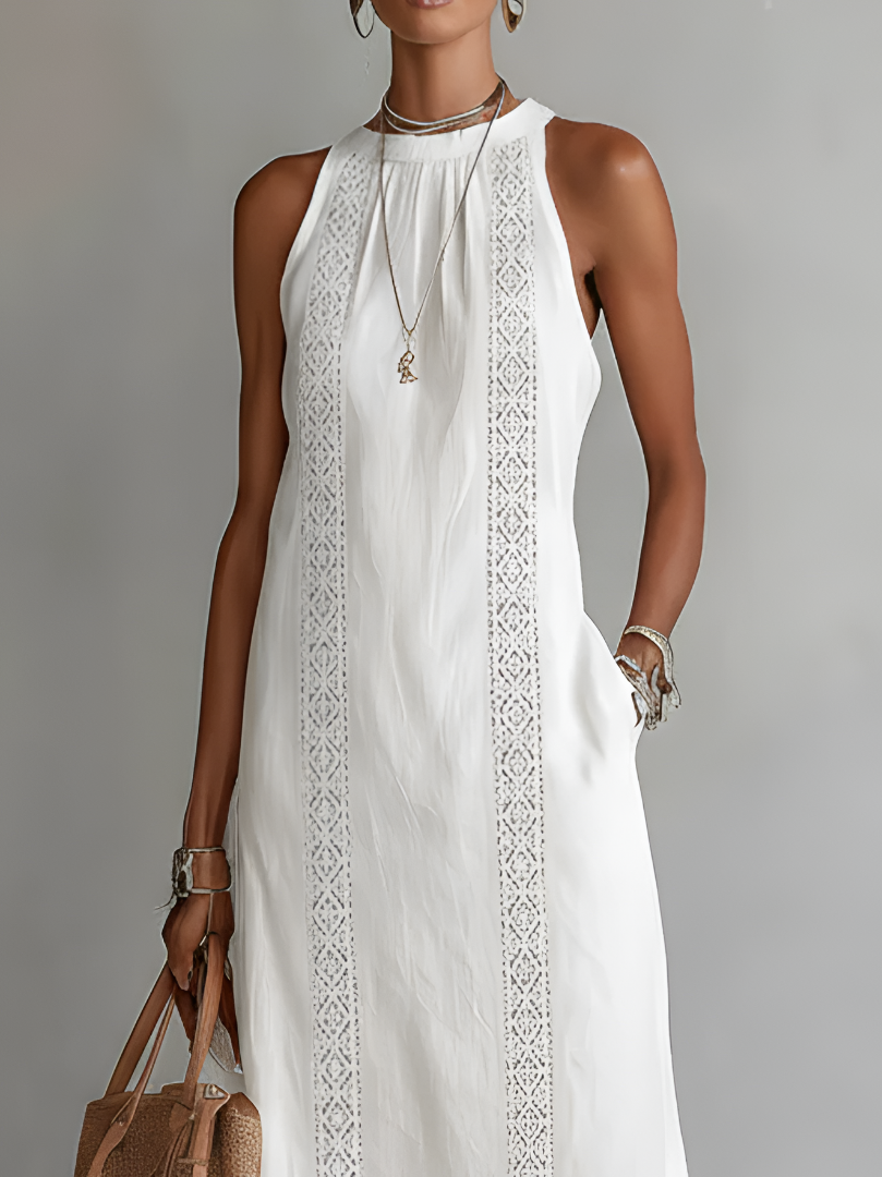 Anabelle | Lace Panel Halter Neck Midi Dress Sleeveless Boho Side Slit