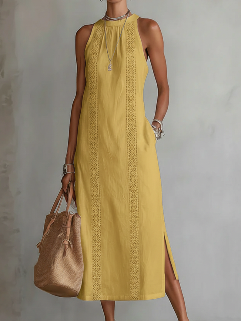 Anabelle | Lace Panel Halter Neck Midi Dress Sleeveless Boho Side Slit
