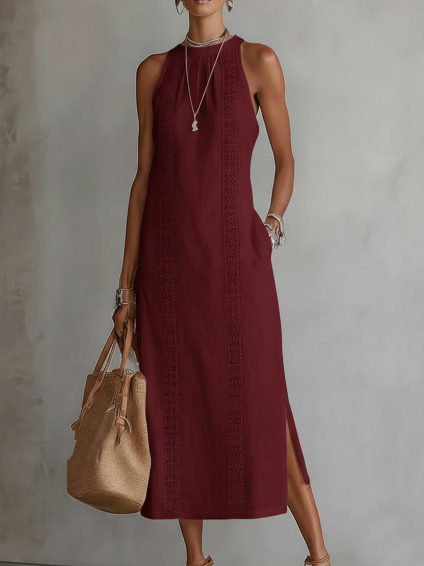 Anabelle | Lace Panel Halter Neck Midi Dress Sleeveless Boho Side Slit
