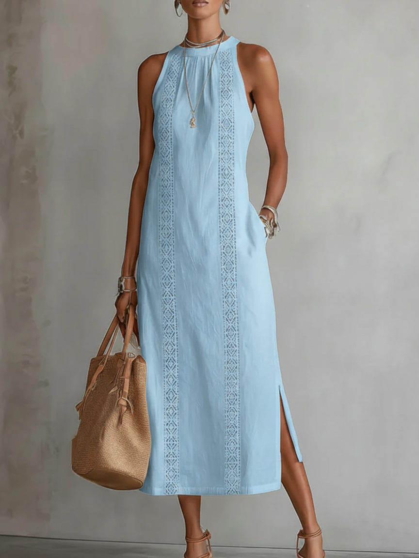 Anabelle | Lace Panel Halter Neck Midi Dress Sleeveless Boho Side Slit