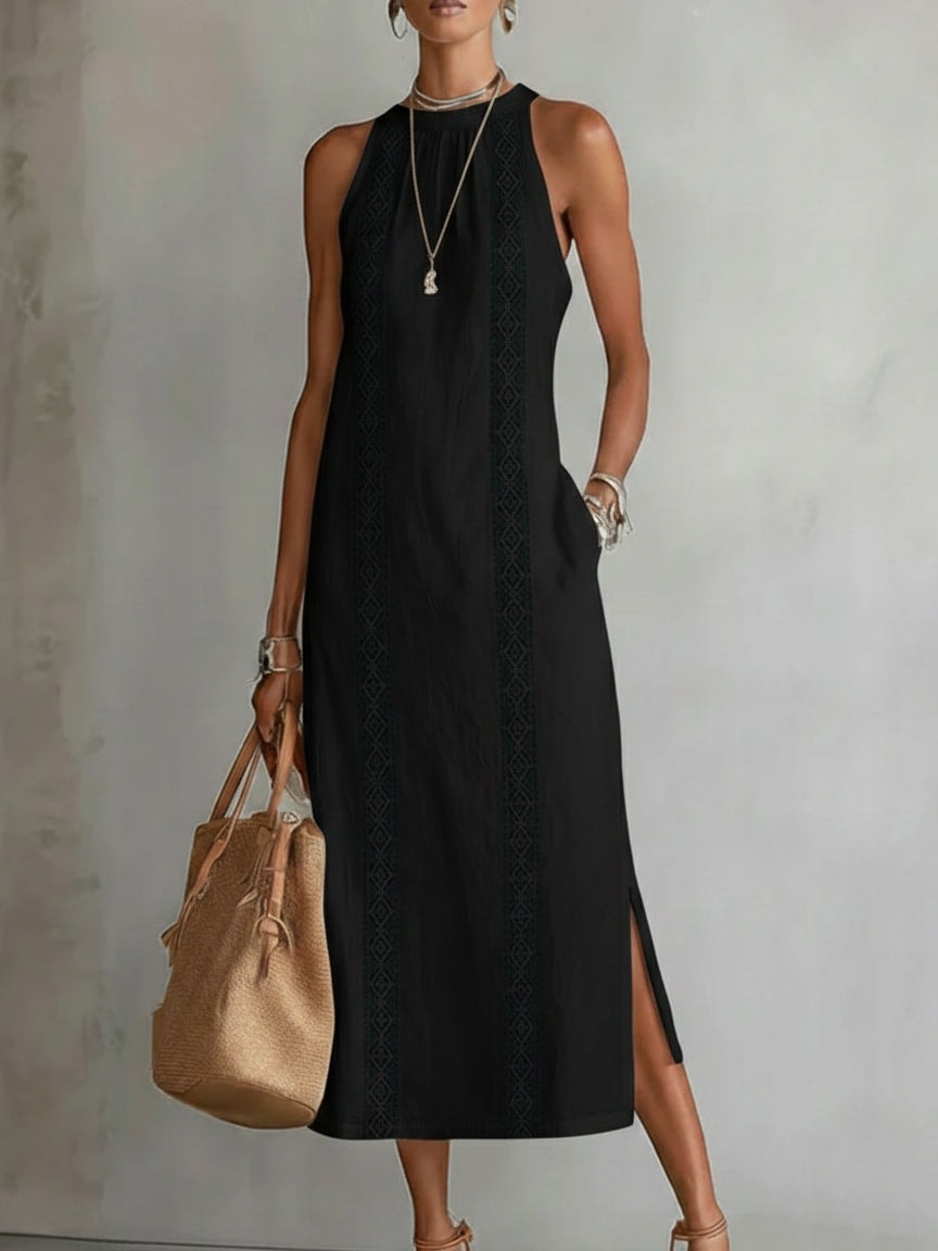 Anabelle | Lace Panel Halter Neck Midi Dress Sleeveless Boho Side Slit