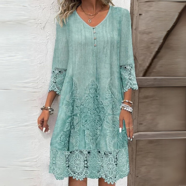 Women’s Lace-Trim Shift Dress – Embroidered Midi Dress for Summer Wear