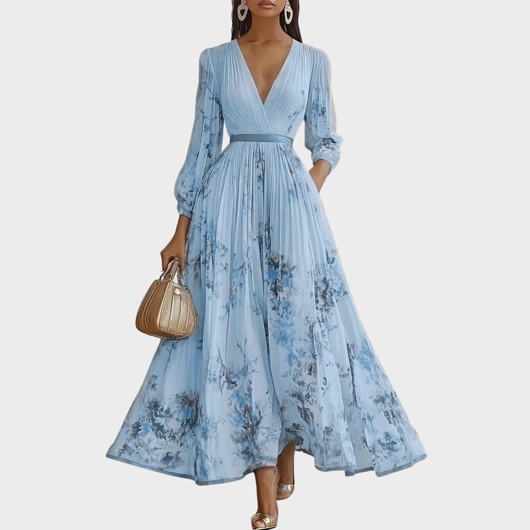Aubrey | Floral Pleated V Neck Maxi Dress with Belt
