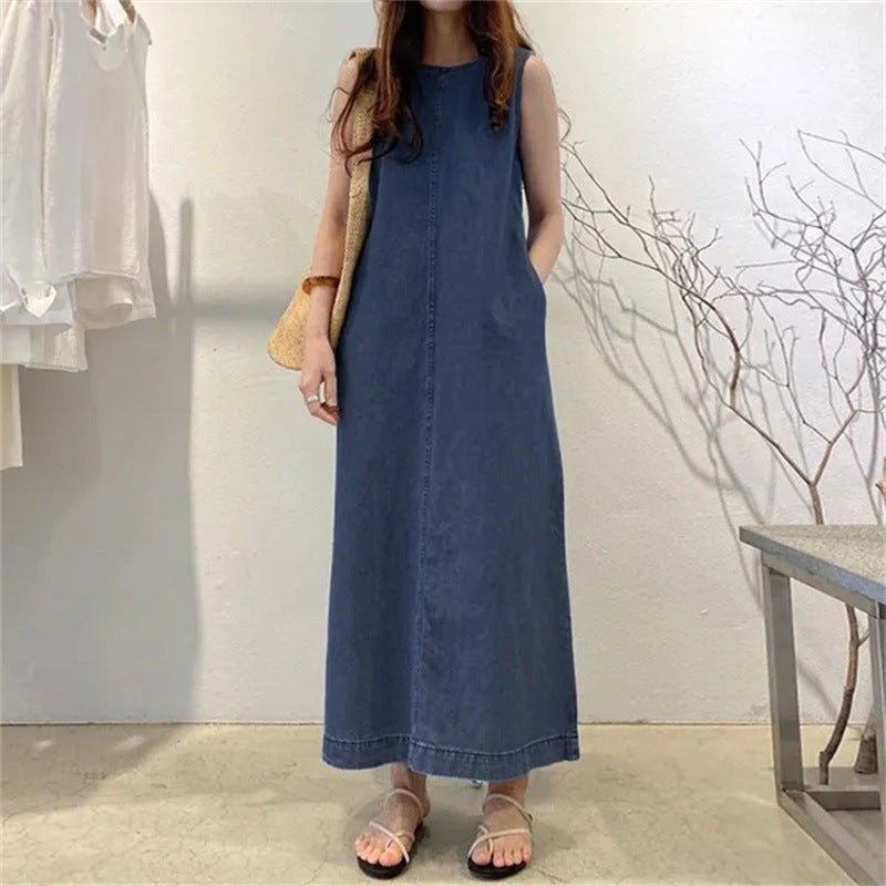 Women’s Sleeveless Denim Maxi Shift Casual Lounge Dress