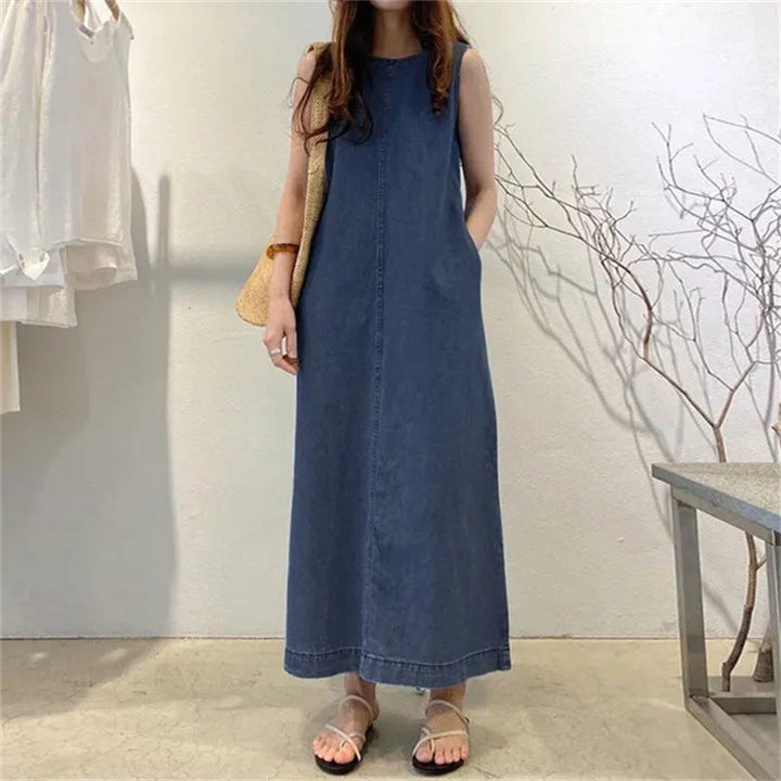 Women’s Sleeveless Denim Maxi Shift Casual Lounge Dress