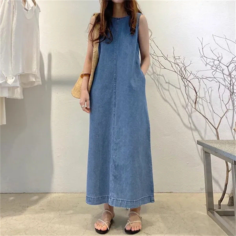 Women’s Sleeveless Denim Maxi Shift Casual Lounge Dress