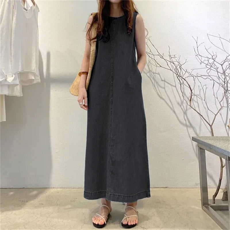 Women’s Sleeveless Denim Maxi Shift Casual Lounge Dress