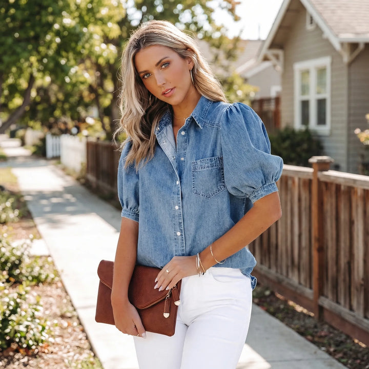 Millie | Denim Button Up Puff Sleeve Shirt