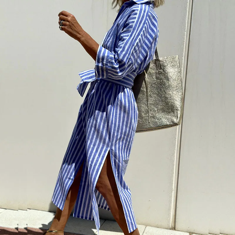 Athena | Striped Button Front Shirt Dress Long Sleeve Relaxed Fit Midi