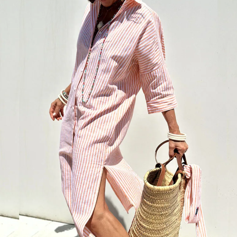 Athena | Striped Button Front Shirt Dress Long Sleeve Relaxed Fit Midi