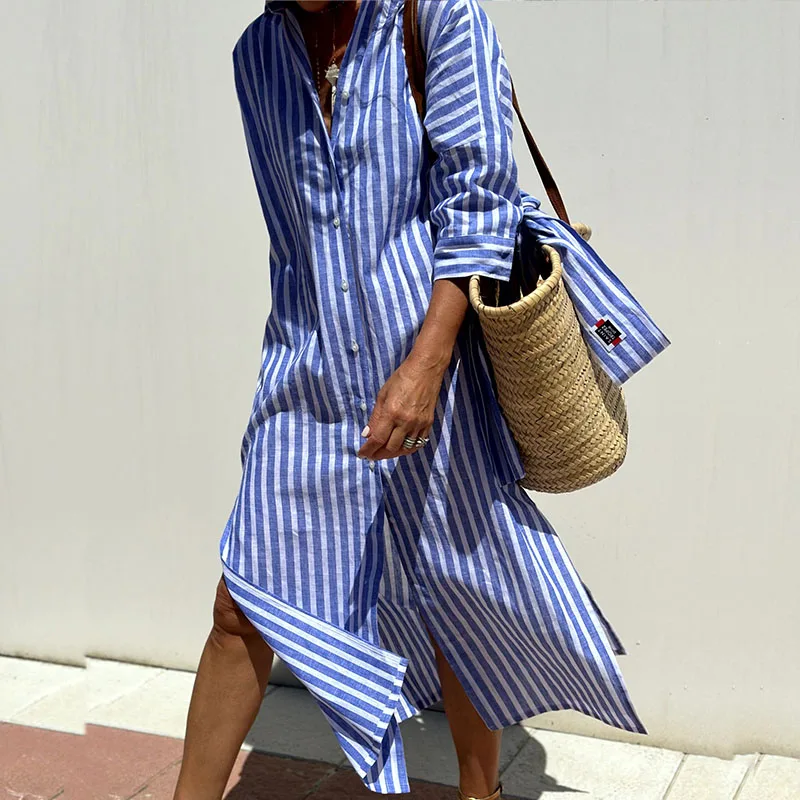Athena | Striped Button Front Shirt Dress Long Sleeve Relaxed Fit Midi