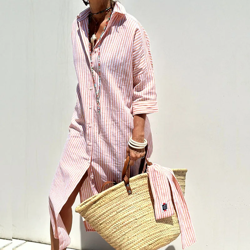 Athena | Striped Button Front Shirt Dress Long Sleeve Relaxed Fit Midi
