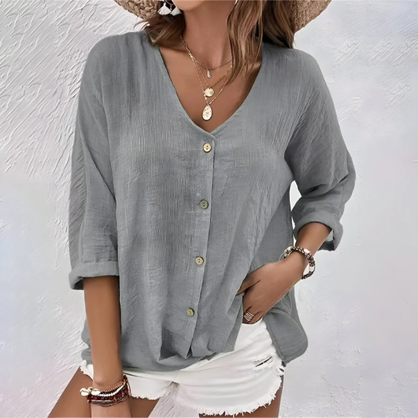 Isla | Oversized V Neck Button Up Shirt Long Sleeve Linen Blouse