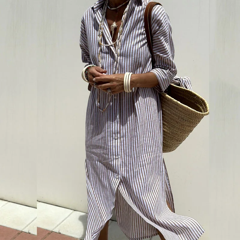 Athena | Striped Button Front Shirt Dress Long Sleeve Relaxed Fit Midi