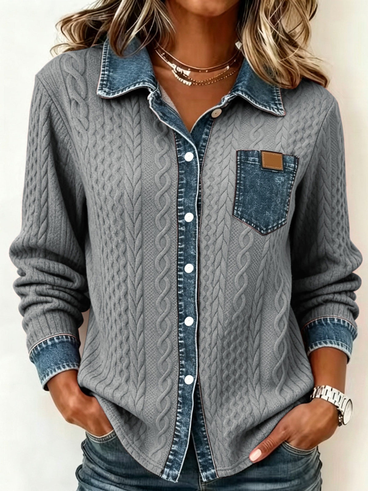 Florence | Cable Knit Denim Collar Button Up Shirt