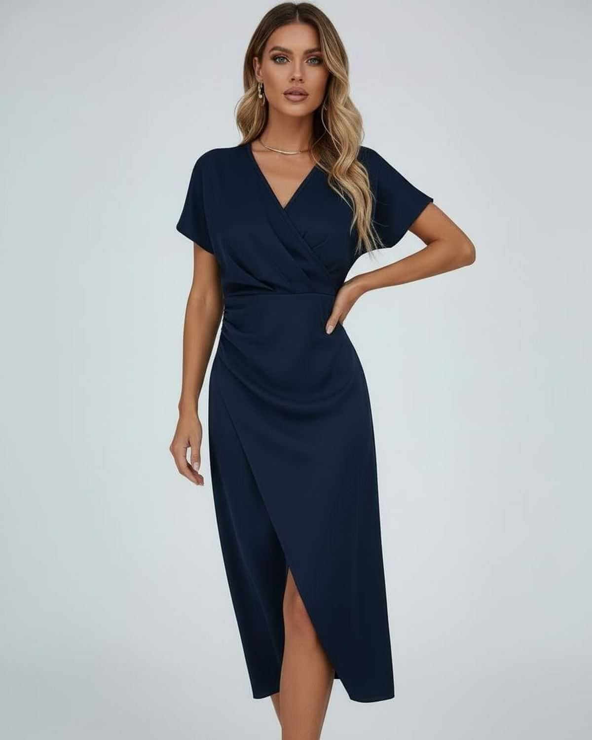 Adelaide | Wrap Midi Dress Draped Waist Split Hem Short Sleeve