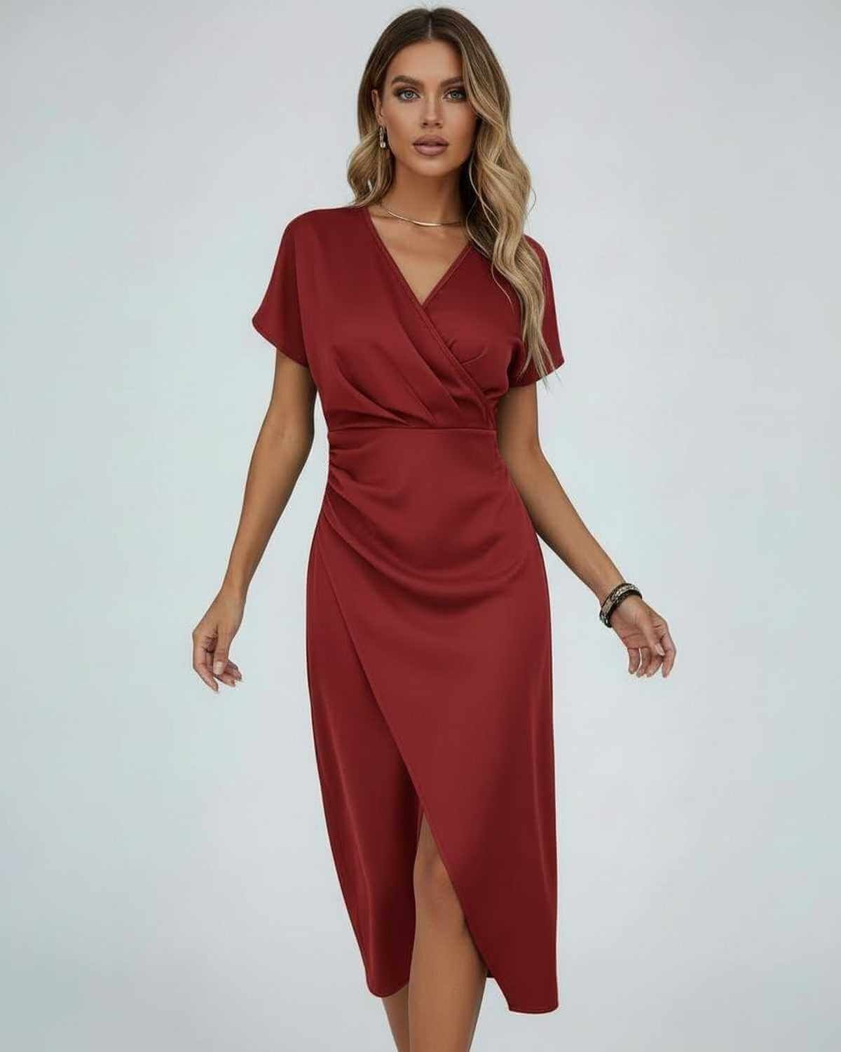 Adelaide | Wrap Midi Dress Draped Waist Split Hem Short Sleeve