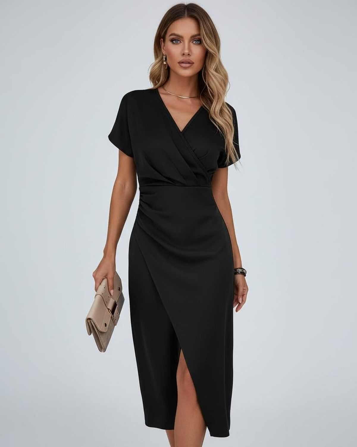 Adelaide | Wrap Midi Dress Draped Waist Split Hem Short Sleeve