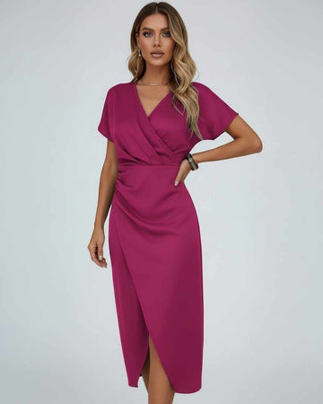 Adelaide | Wrap Midi Dress Draped Waist Split Hem Short Sleeve