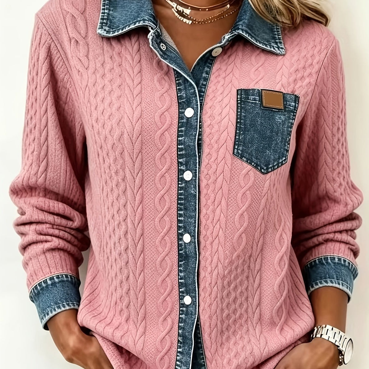 Florence | Cable Knit Denim Collar Button Up Shirt