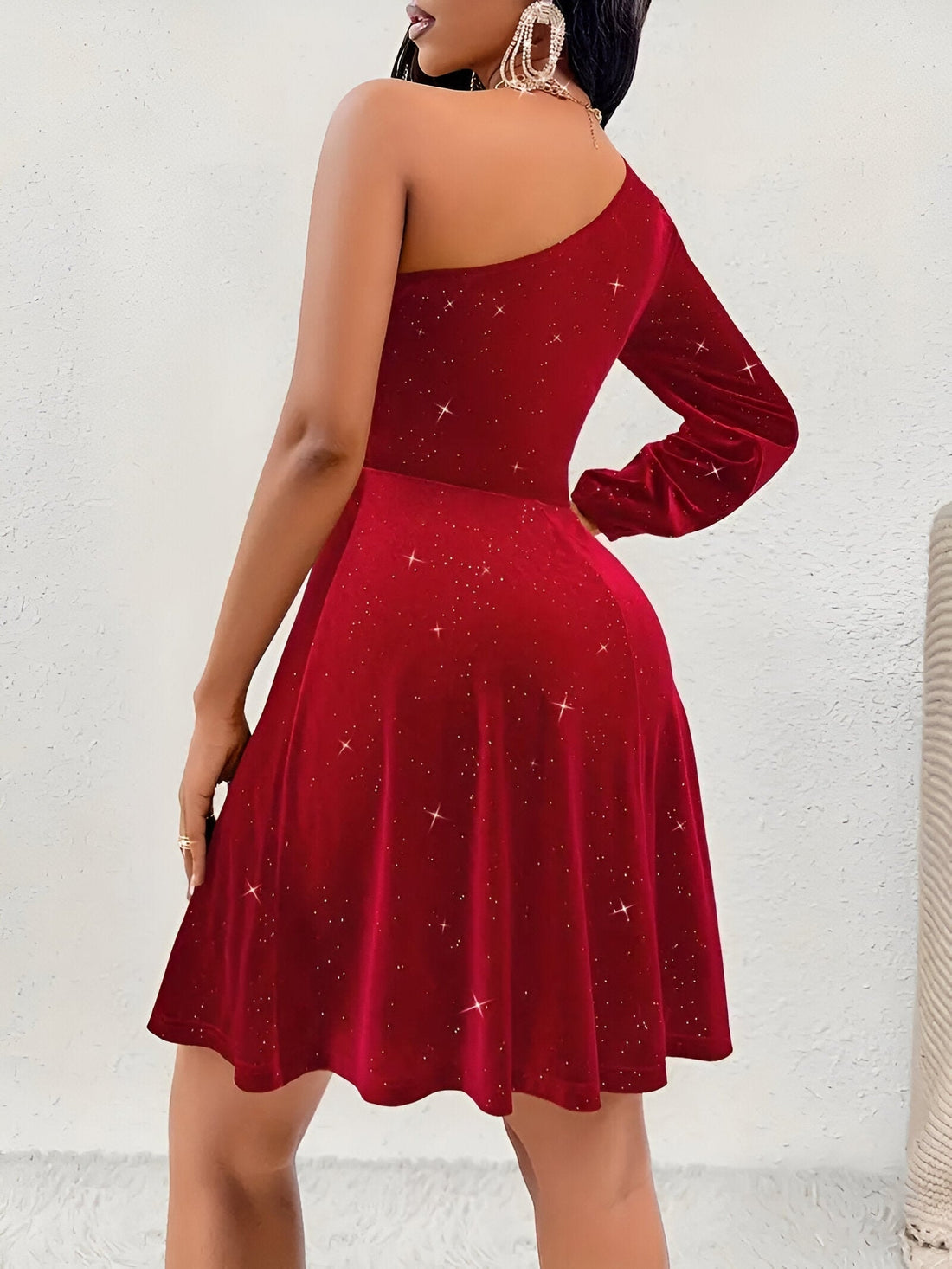 Freya | One Shoulder Glitter Red Party Mini Dress Long Sleeve A-Line