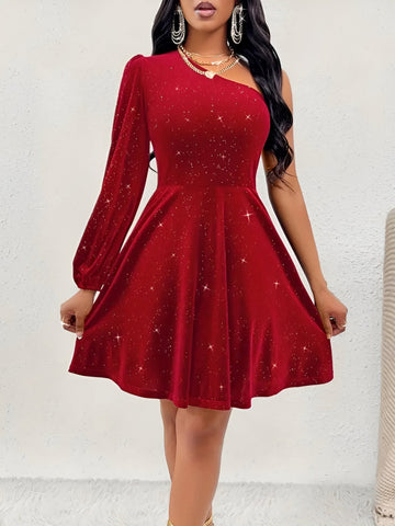 Freya | One Shoulder Glitter Red Party Mini Dress Long Sleeve A-Line