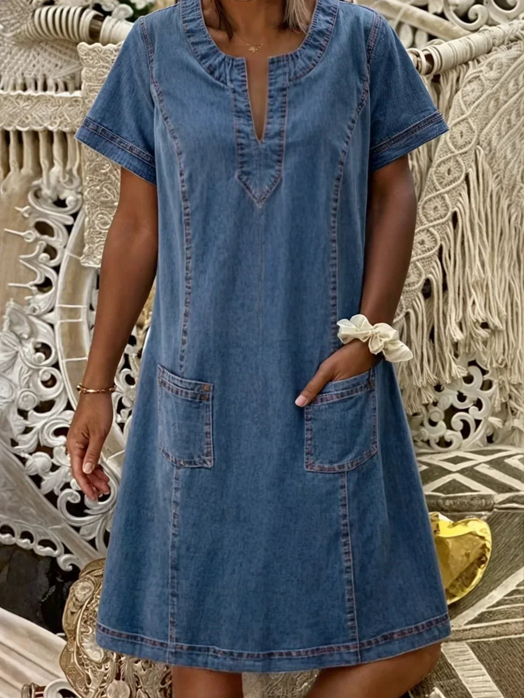 Women’s Denim Shift Dress – Relaxed Short Sleeve Summer Day Style