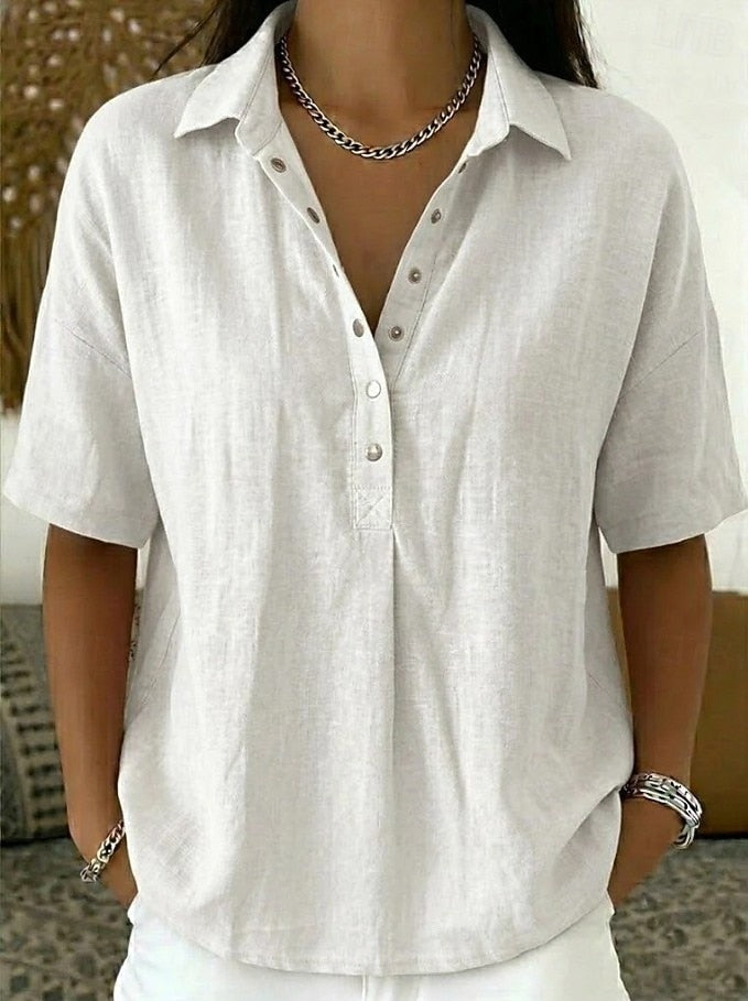 Phoebe | Oversized Button Up Shirt Short Sleeve Collared Blouse