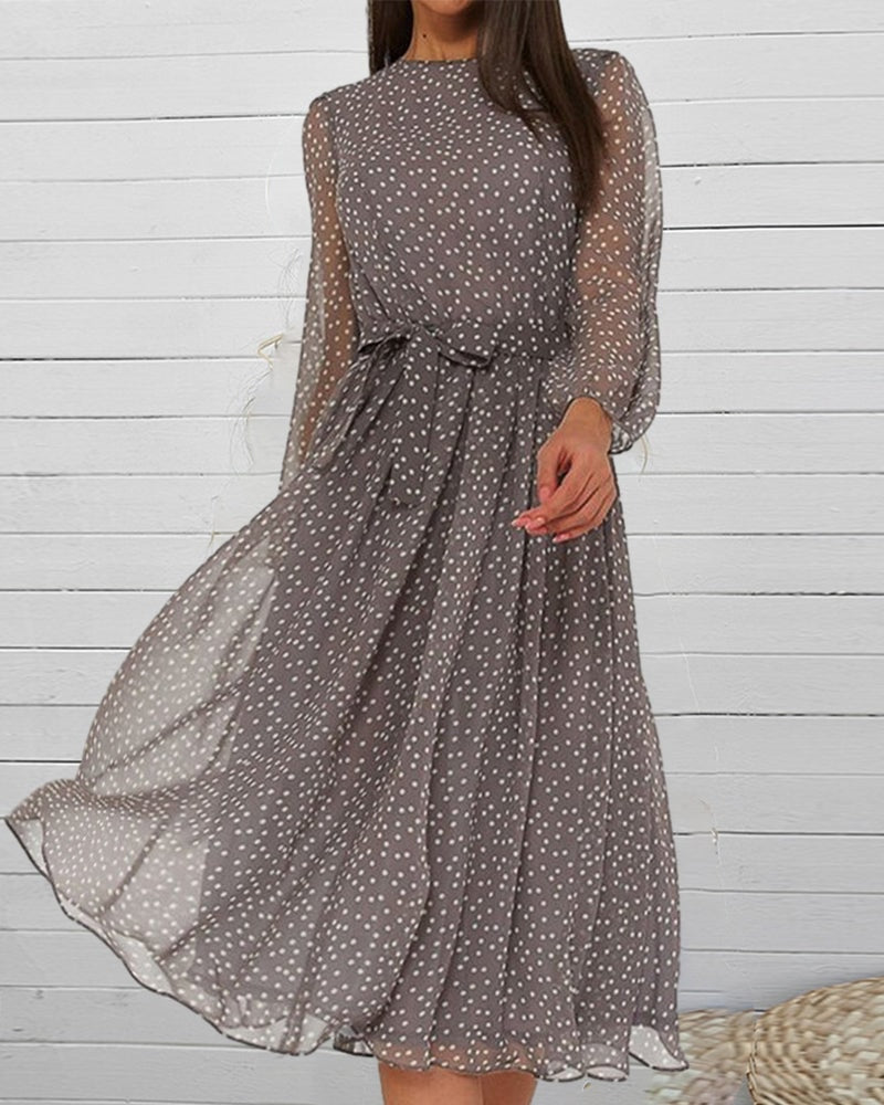 Phoebe | Polka Dot Pleated Midi Dress Long Sleeve A Line