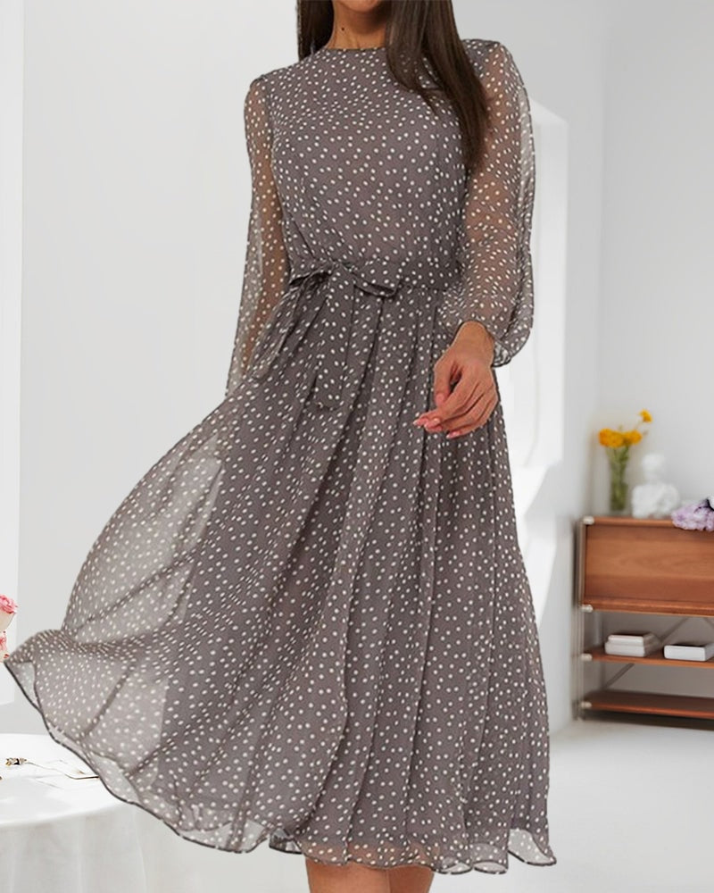 Phoebe | Polka Dot Pleated Midi Dress Long Sleeve A Line