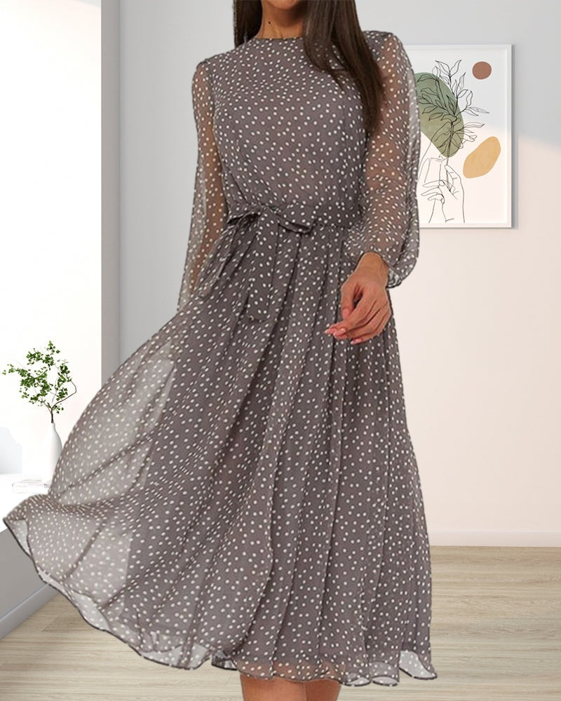 Phoebe | Polka Dot Pleated Midi Dress Long Sleeve A Line