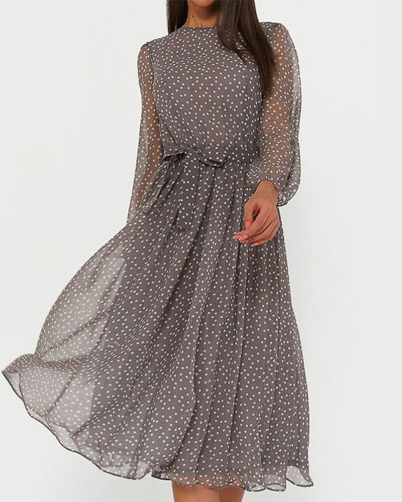 Phoebe | Polka Dot Pleated Midi Dress Long Sleeve A Line
