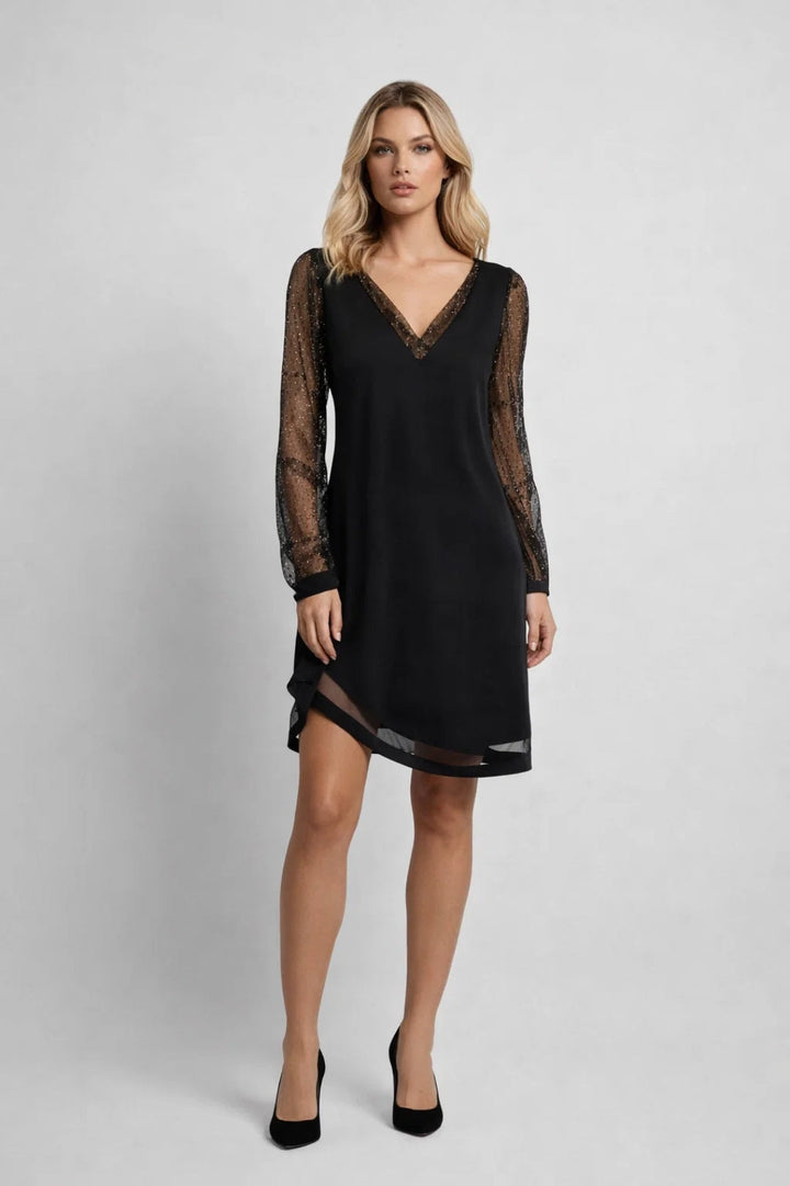 Women’s Dress Sheer Sleeve Embellished Neckline Mini Shift
