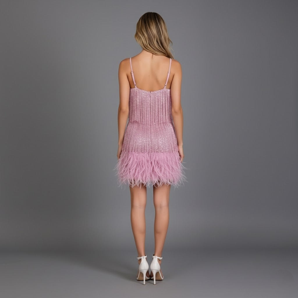Georgia | Fringe Feather Christmas Party Mini Dress