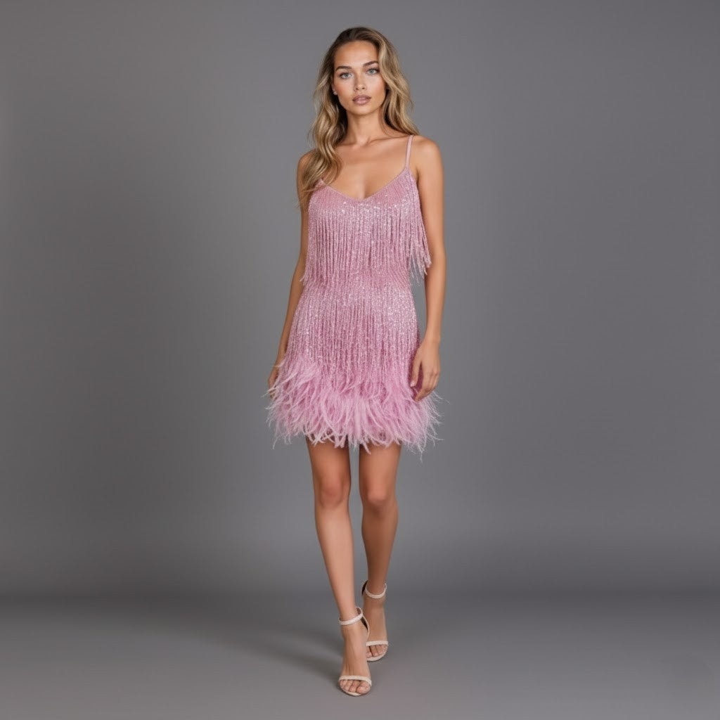 Georgia | Fringe Feather Christmas Party Mini Dress