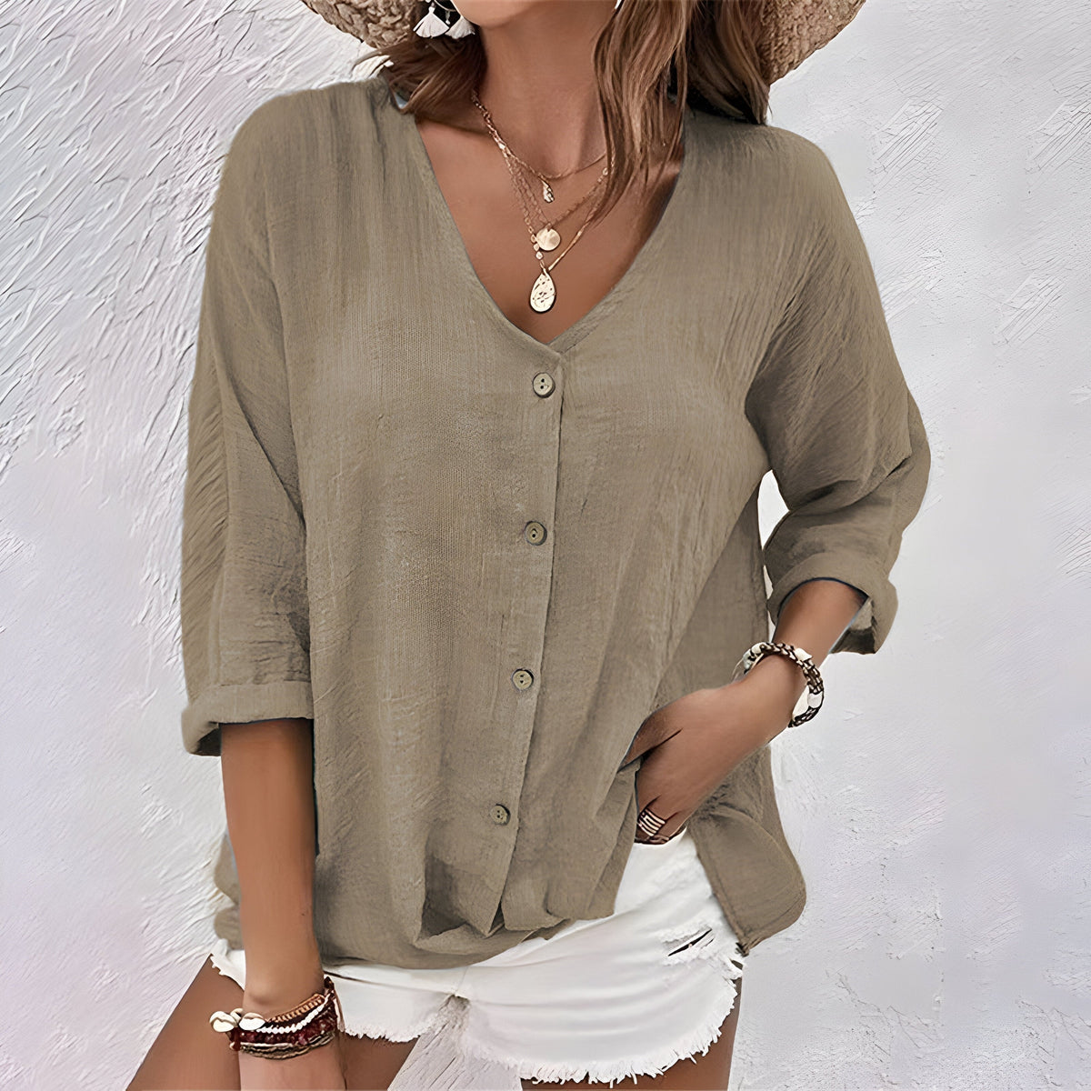 Isla | Oversized V Neck Button Up Shirt Long Sleeve Linen Blouse