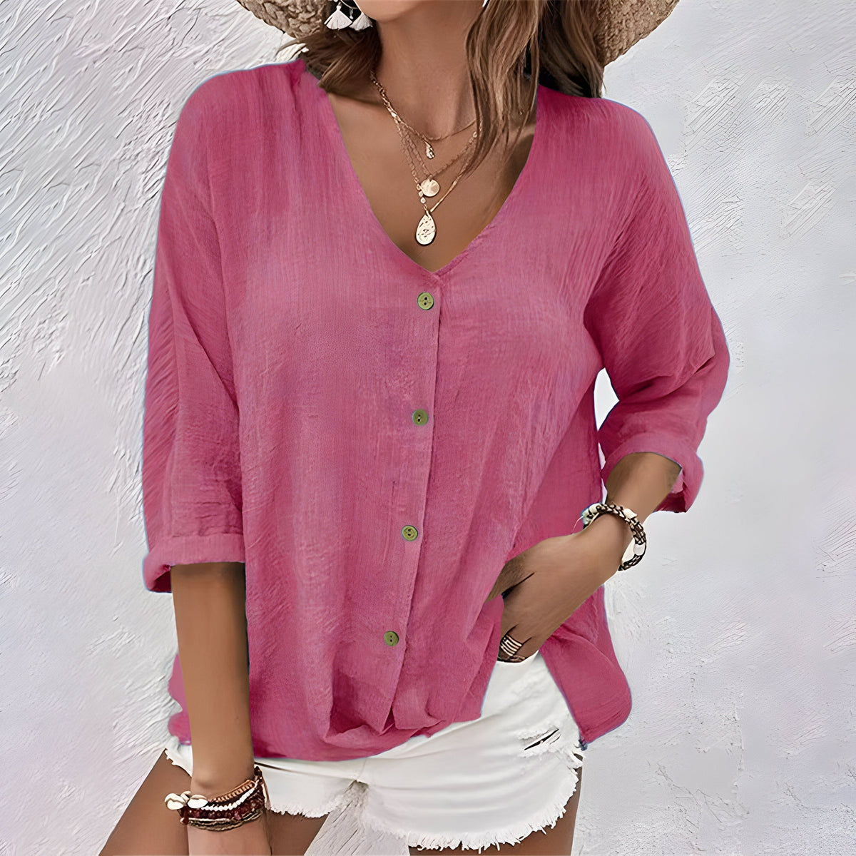 Isla | Oversized V Neck Button Up Shirt Long Sleeve Linen Blouse