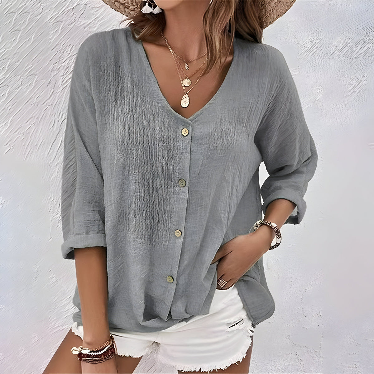 Isla | Oversized V Neck Button Up Shirt Long Sleeve Linen Blouse