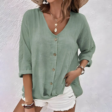 Isla | Oversized V Neck Button Up Shirt Long Sleeve Linen Blouse