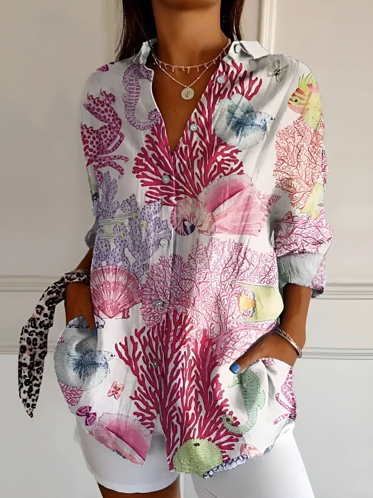 Beth | Oversized Split Neck Button-Up Blouse for Women