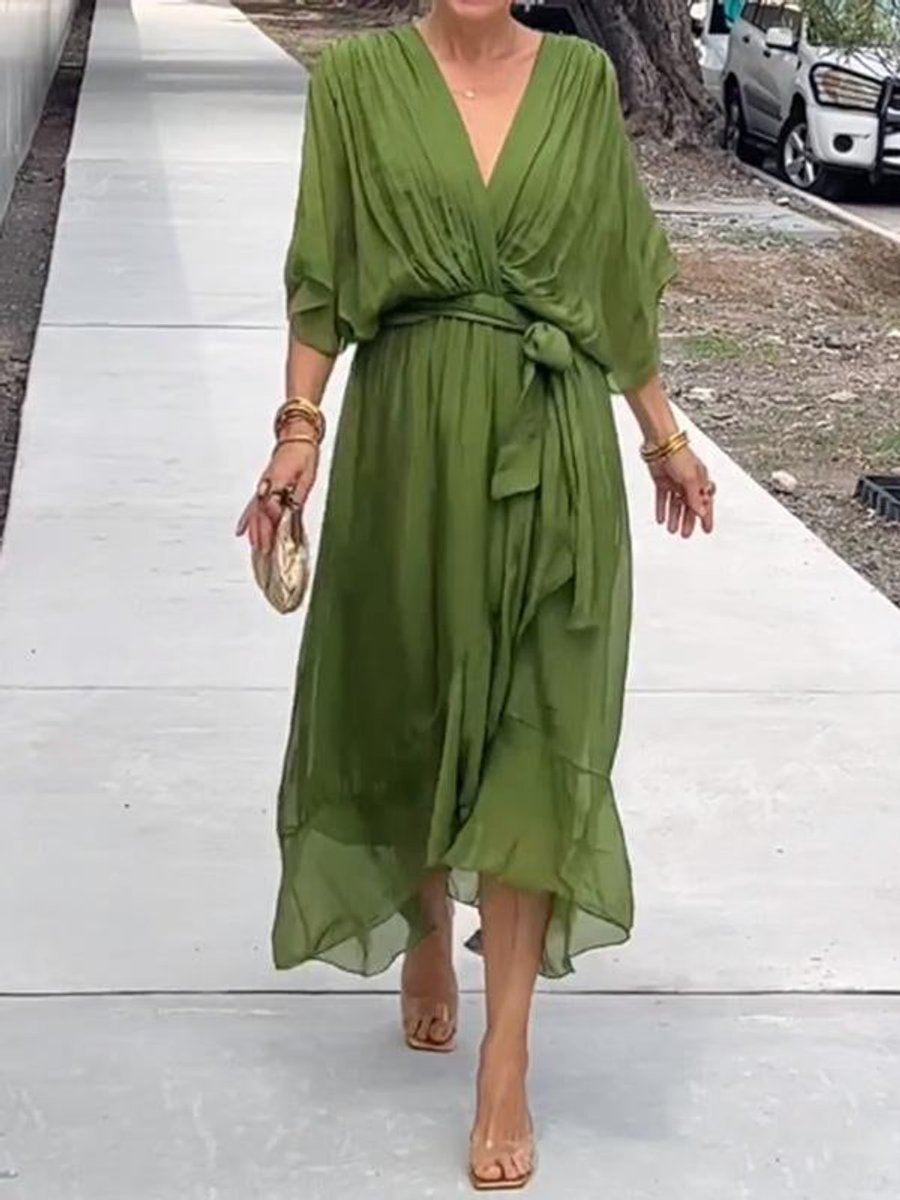 Emma | Women's Chiffon V-Neck Belted Midi Cocktail Party Dress