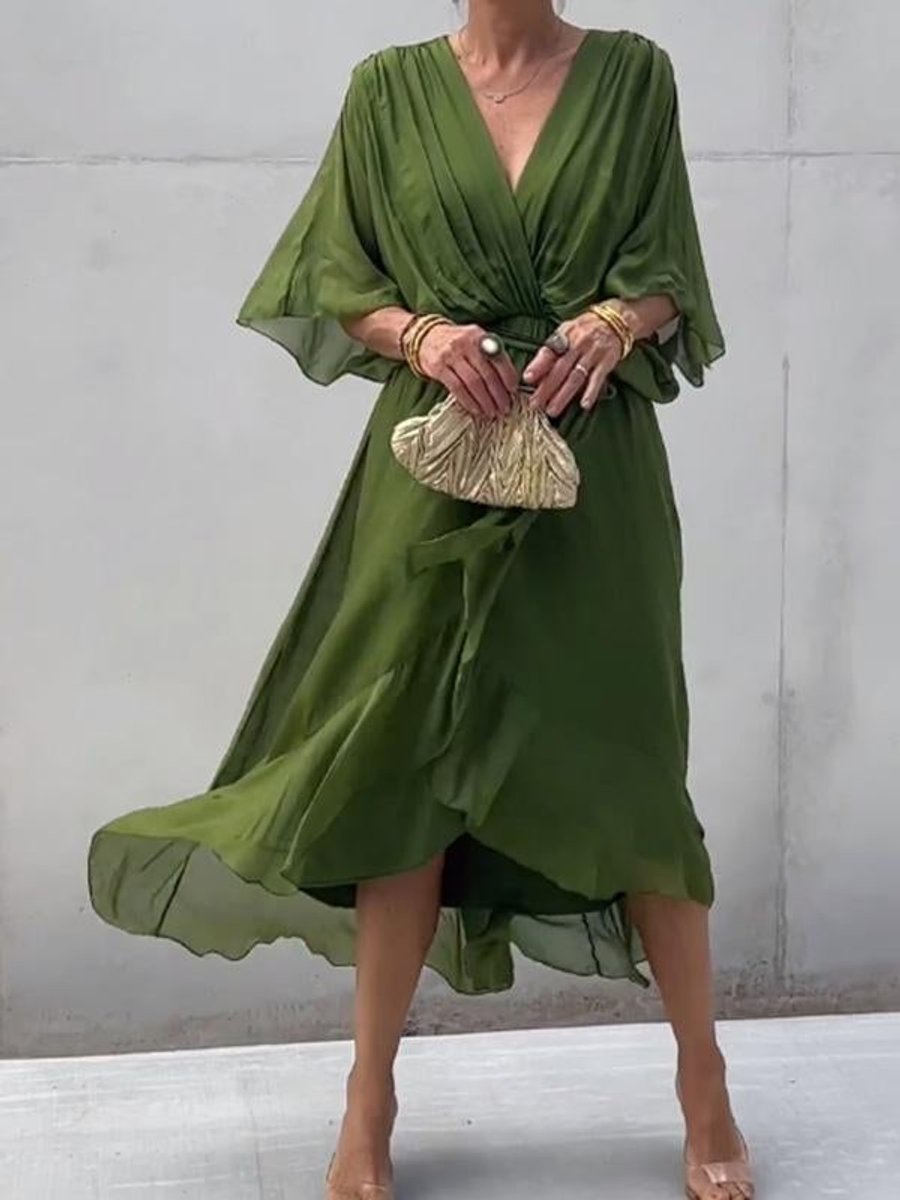 Emma | Women's Chiffon V-Neck Belted Midi Cocktail Party Dress