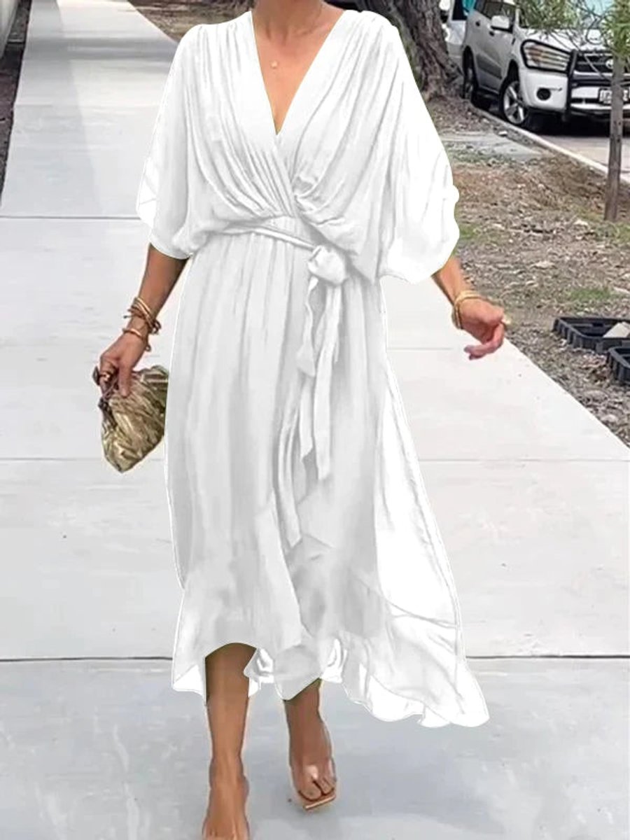 Emma | Women's Chiffon V-Neck Belted Midi Cocktail Party Dress